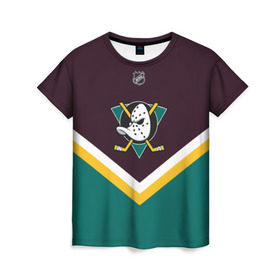 Женская футболка 3D с принтом Anaheim Ducks в Курске, 100% полиэфир ( синтетическое хлопкоподобное полотно) | прямой крой, круглый вырез горловины, длина до линии бедер | america | canada | hockey | nhl | usa | америка | канада | лед | нхл | сша | хоккей