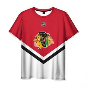 Мужская футболка 3D с принтом Chicago Blackhawks в Курске, 100% полиэфир | прямой крой, круглый вырез горловины, длина до линии бедер | Тематика изображения на принте: america | canada | hockey | nhl | usa | америка | блэкхокс | канада | лед | нхл | сша | хоккей | чикаго