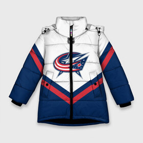 Зимняя куртка для девочек 3D с принтом Columbus Blue Jackets в Курске, ткань верха — 100% полиэстер; подклад — 100% полиэстер, утеплитель — 100% полиэстер. | длина ниже бедра, удлиненная спинка, воротник стойка и отстегивающийся капюшон. Есть боковые карманы с листочкой на кнопках, утяжки по низу изделия и внутренний карман на молнии. 

Предусмотрены светоотражающий принт на спинке, радужный светоотражающий элемент на пуллере молнии и на резинке для утяжки. | america | canada | hockey | nhl | usa | америка | блю | джекетс | канада | коламбус | лед | нхл | сша | хоккей