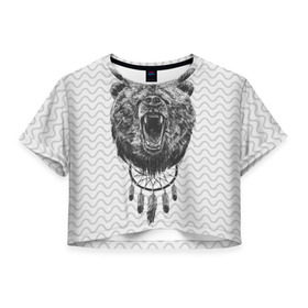 Женская футболка 3D укороченная с принтом Bear Dreamcatcher в Курске, 100% полиэстер | круглая горловина, длина футболки до линии талии, рукава с отворотами | bear | beast | forest | russia | siberian | зверь | лес | ловец | медведь | россия | сибирь | сон | ярость