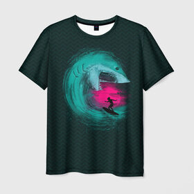 Мужская футболка 3D с принтом Shark Vortex в Курске, 100% полиэфир | прямой крой, круглый вырез горловины, длина до линии бедер | акула | закат | море | океан | рыба | серф | солнце