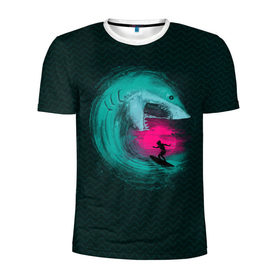 Мужская футболка 3D спортивная с принтом Shark Vortex в Курске, 100% полиэстер с улучшенными характеристиками | приталенный силуэт, круглая горловина, широкие плечи, сужается к линии бедра | акула | закат | море | океан | рыба | серф | солнце