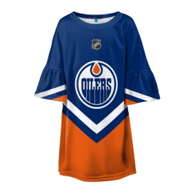 Детское платье 3D с принтом Edmonton Oilers в Курске, 100% полиэстер | прямой силуэт, чуть расширенный к низу. Круглая горловина, на рукавах — воланы | america | canada | hockey | nhl | usa | америка | детройт | канада | лед | нхл | ойлерз | сша | хоккей | эдмонтон
