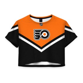 Женская футболка 3D укороченная с принтом Philadelphia Flyers в Курске, 100% полиэстер | круглая горловина, длина футболки до линии талии, рукава с отворотами | america | canada | hockey | nhl | usa | америка | канада | лед | нхл | сша | филадельфия | флайерз | хоккей