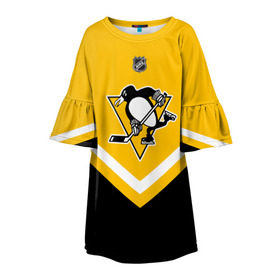 Детское платье 3D с принтом Pittsburgh Penguins в Курске, 100% полиэстер | прямой силуэт, чуть расширенный к низу. Круглая горловина, на рукавах — воланы | Тематика изображения на принте: america | canada | hockey | nhl | usa | америка | канада | лед | нхл | пингвинз | питтсбург | сша | хоккей