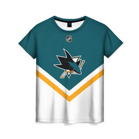 Женская футболка 3D с принтом San Jose Sharks в Курске, 100% полиэфир ( синтетическое хлопкоподобное полотно) | прямой крой, круглый вырез горловины, длина до линии бедер | america | canada | hockey | nhl | usa | акула | америка | канада | лед | нхл | сан хосе | сша | хоккей | шаркс