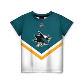 Детская футболка 3D с принтом San Jose Sharks в Курске, 100% гипоаллергенный полиэфир | прямой крой, круглый вырез горловины, длина до линии бедер, чуть спущенное плечо, ткань немного тянется | america | canada | hockey | nhl | usa | акула | америка | канада | лед | нхл | сан хосе | сша | хоккей | шаркс