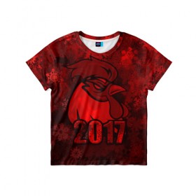 Детская футболка 3D с принтом Огненный петух в Курске, 100% гипоаллергенный полиэфир | прямой крой, круглый вырез горловины, длина до линии бедер, чуть спущенное плечо, ткань немного тянется | животное | зима | красный | новый год | символ | снежинки