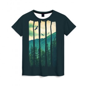 Женская футболка 3D с принтом Green Life в Курске, 100% полиэфир ( синтетическое хлопкоподобное полотно) | прямой крой, круглый вырез горловины, длина до линии бедер | bird | forest | green | mountain | nature | гора | дерево | деревья | зеленый | лес | природа | птицы