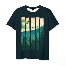 Мужская футболка 3D с принтом Green Life в Курске, 100% полиэфир | прямой крой, круглый вырез горловины, длина до линии бедер | bird | forest | green | mountain | nature | гора | дерево | деревья | зеленый | лес | природа | птицы