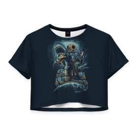 Женская футболка 3D укороченная с принтом Подводная охота в Курске, 100% полиэстер | круглая горловина, длина футболки до линии талии, рукава с отворотами | Тематика изображения на принте: shark | акула | водолаз | море | океан | охота