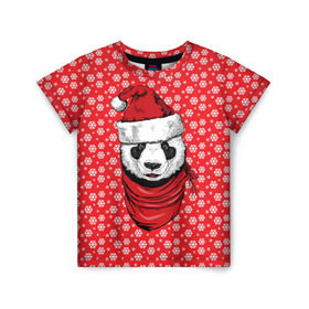 Детская футболка 3D с принтом Панда Клаус в Курске, 100% гипоаллергенный полиэфир | прямой крой, круглый вырез горловины, длина до линии бедер, чуть спущенное плечо, ткань немного тянется | Тематика изображения на принте: animal | bear | beast | claus | panda | santa | дед мороз | елка | зверь | клаус | медведь | новый год | панда | рождество | санта | снег