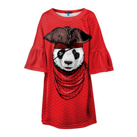 Детское платье 3D с принтом Панда пират в Курске, 100% полиэстер | прямой силуэт, чуть расширенный к низу. Круглая горловина, на рукавах — воланы | Тематика изображения на принте: animal | bay | bear | beast | captain | panda | pirate | бухта | зверь | капитан | корабль | медведь | панда | пират