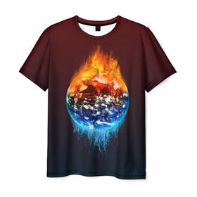 Мужская футболка 3D с принтом Огонь против воды в Курске, 100% полиэфир | прямой крой, круглый вырез горловины, длина до линии бедер | battle | fire | galaxy | planet | space | water | битва | вода | галактика | земля | космос | огонь | пламя | планета