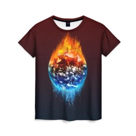 Женская футболка 3D с принтом Огонь против воды в Курске, 100% полиэфир ( синтетическое хлопкоподобное полотно) | прямой крой, круглый вырез горловины, длина до линии бедер | battle | fire | galaxy | planet | space | water | битва | вода | галактика | земля | космос | огонь | пламя | планета