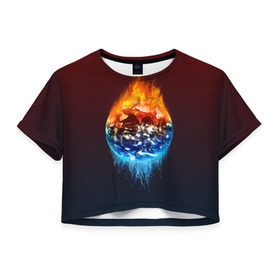 Женская футболка 3D укороченная с принтом Огонь против воды в Курске, 100% полиэстер | круглая горловина, длина футболки до линии талии, рукава с отворотами | battle | fire | galaxy | planet | space | water | битва | вода | галактика | земля | космос | огонь | пламя | планета