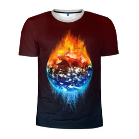 Мужская футболка 3D спортивная с принтом Огонь против воды в Курске, 100% полиэстер с улучшенными характеристиками | приталенный силуэт, круглая горловина, широкие плечи, сужается к линии бедра | battle | fire | galaxy | planet | space | water | битва | вода | галактика | земля | космос | огонь | пламя | планета