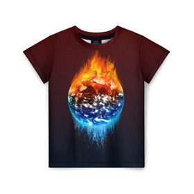 Детская футболка 3D с принтом Огонь против воды в Курске, 100% гипоаллергенный полиэфир | прямой крой, круглый вырез горловины, длина до линии бедер, чуть спущенное плечо, ткань немного тянется | battle | fire | galaxy | planet | space | water | битва | вода | галактика | земля | космос | огонь | пламя | планета