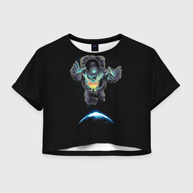 Женская футболка 3D укороченная с принтом Космическая бабочка в Курске, 100% полиэстер | круглая горловина, длина футболки до линии талии, рукава с отворотами | astro | butterfly | galaxy | planet | space | star | бабочка | галактика | звезда | земля | космонавт | космос | планета