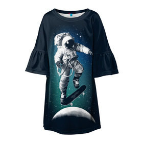 Детское платье 3D с принтом Космический скейтбординг в Курске, 100% полиэстер | прямой силуэт, чуть расширенный к низу. Круглая горловина, на рукавах — воланы | Тематика изображения на принте: cosmonaut | galaxy | planet | skate | space | star | галактика | звезды | космонавт | космос | планета | скейт