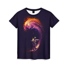 Женская футболка 3D с принтом Космический серфинг в Курске, 100% полиэфир ( синтетическое хлопкоподобное полотно) | прямой крой, круглый вырез горловины, длина до линии бедер | cosmonaut | galaxy | planet | space | star | surf | галактика | звезды | космонавт | космос | планета | серф