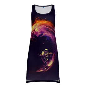 Платье-майка 3D с принтом Космический серфинг в Курске, 100% полиэстер | полуприлегающий силуэт, широкие бретели, круглый вырез горловины, удлиненный подол сзади. | cosmonaut | galaxy | planet | space | star | surf | галактика | звезды | космонавт | космос | планета | серф