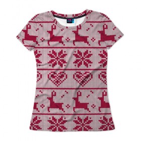 Женская футболка 3D с принтом Розовый свитер в Курске, 100% полиэфир ( синтетическое хлопкоподобное полотно) | прямой крой, круглый вырез горловины, длина до линии бедер | ангел | ёлка | ель | зима | колокольчик | нг | новый год | олень | рождество | санта | свитер | снег