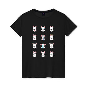Женская футболка хлопок с принтом 12 эмоций бультерьера в Курске, 100% хлопок | прямой крой, круглый вырез горловины, длина до линии бедер, слегка спущенное плечо | emoji | булечка | булик | буль | бультерьер | смайл | собака | эмоджи | эмодзи