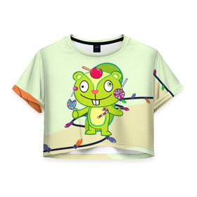 Женская футболка 3D укороченная с принтом Happy Tree Friends в Курске, 100% полиэстер | круглая горловина, длина футболки до линии талии, рукава с отворотами | 