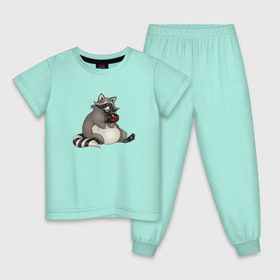 Детская пижама хлопок с принтом Енотик в Курске, 100% хлопок |  брюки и футболка прямого кроя, без карманов, на брюках мягкая резинка на поясе и по низу штанин
 | Тематика изображения на принте: акварель | енот | кекс | мафин | сладкоежка
