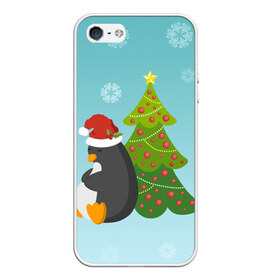 Чехол для iPhone 5/5S матовый с принтом Новогодний пингвинчик в Курске, Силикон | Область печати: задняя сторона чехла, без боковых панелей | елка | новый год | пингвин