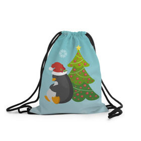 Рюкзак-мешок 3D с принтом Новогодний пингвинчик в Курске, 100% полиэстер | плотность ткани — 200 г/м2, размер — 35 х 45 см; лямки — толстые шнурки, застежка на шнуровке, без карманов и подкладки | елка | новый год | пингвин
