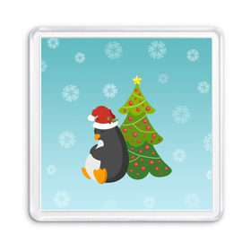 Магнит 55*55 с принтом Новогодний пингвинчик в Курске, Пластик | Размер: 65*65 мм; Размер печати: 55*55 мм | елка | новый год | пингвин