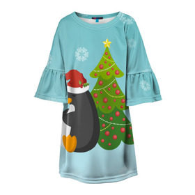 Детское платье 3D с принтом Новогодний пингвинчик в Курске, 100% полиэстер | прямой силуэт, чуть расширенный к низу. Круглая горловина, на рукавах — воланы | елка | новый год | пингвин