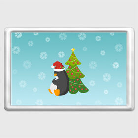 Магнит 45*70 с принтом Новогодний пингвинчик в Курске, Пластик | Размер: 78*52 мм; Размер печати: 70*45 | Тематика изображения на принте: елка | новый год | пингвин