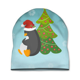 Шапка 3D с принтом Новогодний пингвинчик в Курске, 100% полиэстер | универсальный размер, печать по всей поверхности изделия | елка | новый год | пингвин