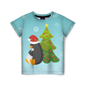 Детская футболка 3D с принтом Новогодний пингвинчик в Курске, 100% гипоаллергенный полиэфир | прямой крой, круглый вырез горловины, длина до линии бедер, чуть спущенное плечо, ткань немного тянется | елка | новый год | пингвин