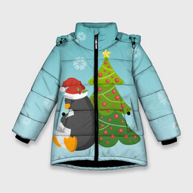 Зимняя куртка для девочек 3D с принтом Новогодний пингвинчик в Курске, ткань верха — 100% полиэстер; подклад — 100% полиэстер, утеплитель — 100% полиэстер. | длина ниже бедра, удлиненная спинка, воротник стойка и отстегивающийся капюшон. Есть боковые карманы с листочкой на кнопках, утяжки по низу изделия и внутренний карман на молнии. 

Предусмотрены светоотражающий принт на спинке, радужный светоотражающий элемент на пуллере молнии и на резинке для утяжки. | Тематика изображения на принте: елка | новый год | пингвин