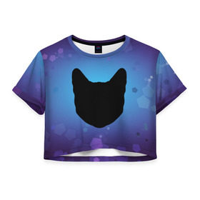 Женская футболка 3D укороченная с принтом Силуэт черной кошки в Курске, 100% полиэстер | круглая горловина, длина футболки до линии талии, рукава с отворотами | кошка | силуэт | синий | фиолетовый | черный