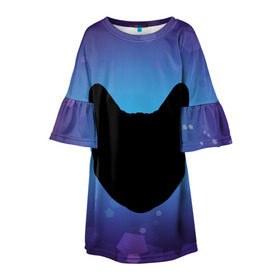 Детское платье 3D с принтом Силуэт черной кошки в Курске, 100% полиэстер | прямой силуэт, чуть расширенный к низу. Круглая горловина, на рукавах — воланы | кошка | силуэт | синий | фиолетовый | черный