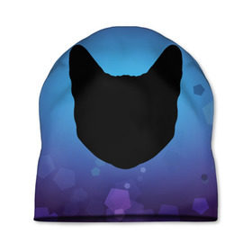 Шапка 3D с принтом Силуэт черной кошки в Курске, 100% полиэстер | универсальный размер, печать по всей поверхности изделия | кошка | силуэт | синий | фиолетовый | черный