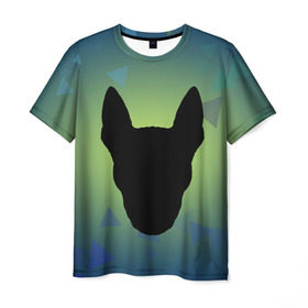 Мужская футболка 3D с принтом силуэт Бультерьера в Курске, 100% полиэфир | прямой крой, круглый вырез горловины, длина до линии бедер | Тематика изображения на принте: зеленый | силуэт | синий | собака | черный