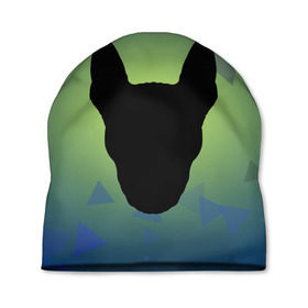 Шапка 3D с принтом силуэт Бультерьера в Курске, 100% полиэстер | универсальный размер, печать по всей поверхности изделия | Тематика изображения на принте: зеленый | силуэт | синий | собака | черный