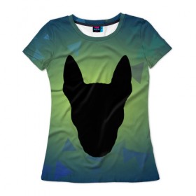 Женская футболка 3D с принтом силуэт Бультерьера в Курске, 100% полиэфир ( синтетическое хлопкоподобное полотно) | прямой крой, круглый вырез горловины, длина до линии бедер | зеленый | силуэт | синий | собака | черный