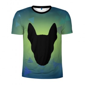 Мужская футболка 3D спортивная с принтом силуэт Бультерьера в Курске, 100% полиэстер с улучшенными характеристиками | приталенный силуэт, круглая горловина, широкие плечи, сужается к линии бедра | зеленый | силуэт | синий | собака | черный