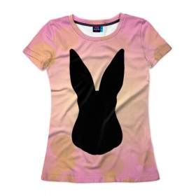 Женская футболка 3D с принтом Силуэт зайчика в Курске, 100% полиэфир ( синтетическое хлопкоподобное полотно) | прямой крой, круглый вырез горловины, длина до линии бедер | зайчик | персиковый | розовый | силуэт
