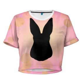 Женская футболка 3D укороченная с принтом Силуэт зайчика в Курске, 100% полиэстер | круглая горловина, длина футболки до линии талии, рукава с отворотами | зайчик | персиковый | розовый | силуэт