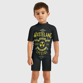 Детский купальный костюм 3D с принтом Come to Wasteland в Курске, Полиэстер 85%, Спандекс 15% | застежка на молнии на спине | atom | bomb | boy | fallout | radioactive | vault | wasteland | атом | бой | бомба | волт | мальчик | радиация | фоллаут | ядерная