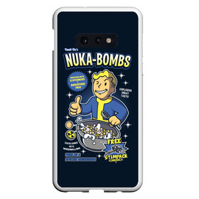 Чехол для Samsung S10E с принтом Nuka Bombs в Курске, Силикон | Область печати: задняя сторона чехла, без боковых панелей | Тематика изображения на принте: atom | bomb | boy | fallout | radioactive | vault | wasteland | атом | бой | бомба | волт | мальчик | радиация | фоллаут | ядерная