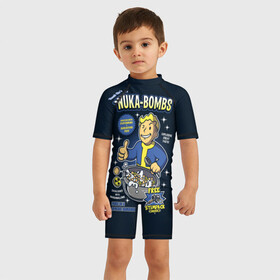Детский купальный костюм 3D с принтом Nuka Bombs в Курске, Полиэстер 85%, Спандекс 15% | застежка на молнии на спине | atom | bomb | boy | fallout | radioactive | vault | wasteland | атом | бой | бомба | волт | мальчик | радиация | фоллаут | ядерная